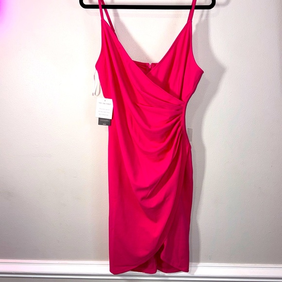 OWIN 2024 V Neck Spaghetti Straps Wrap Ruched Sheath Cocktail dress pink Medium - Picture 3 of 5